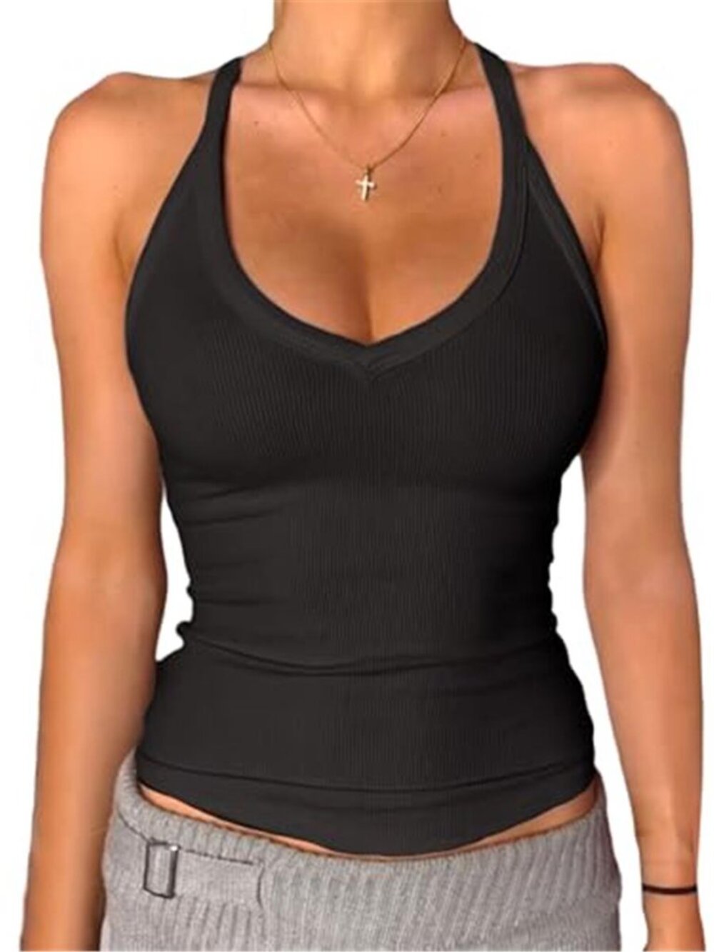 Black Ribbed V-Neck Racerback Tank Top Padded Fitted Cami